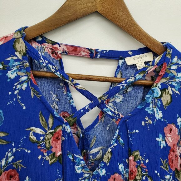 Umgee Tunic Top Womens Size M Blue Pink Floral Criss Cross V-Neck Boho Fairy - Picture 10 of 14